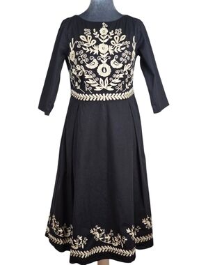 eShakti Wayward Fancies Black Embroidered Floral Midi Fit & Flare Dress Sz.4